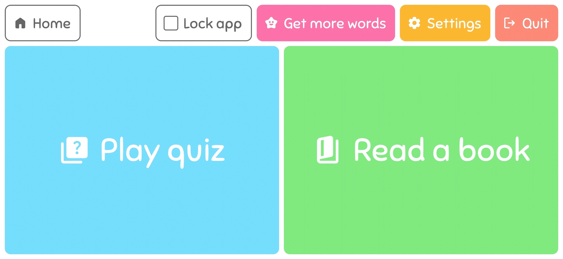 WordBaby main menu with options for 'Play Quiz' and 'Read a Book,' alongside buttons for Home, Lock App, Get More Words, Settings, and Quit.