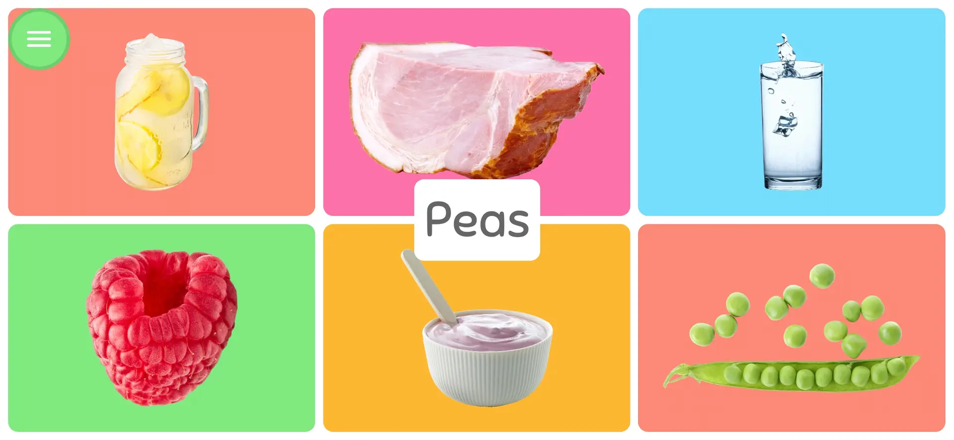 WordBaby quiz mode showcasing six colorful food images, including lemonade, ham, water, raspberry, yogurt, and peas, with the word 'Peas' as the correct answer.