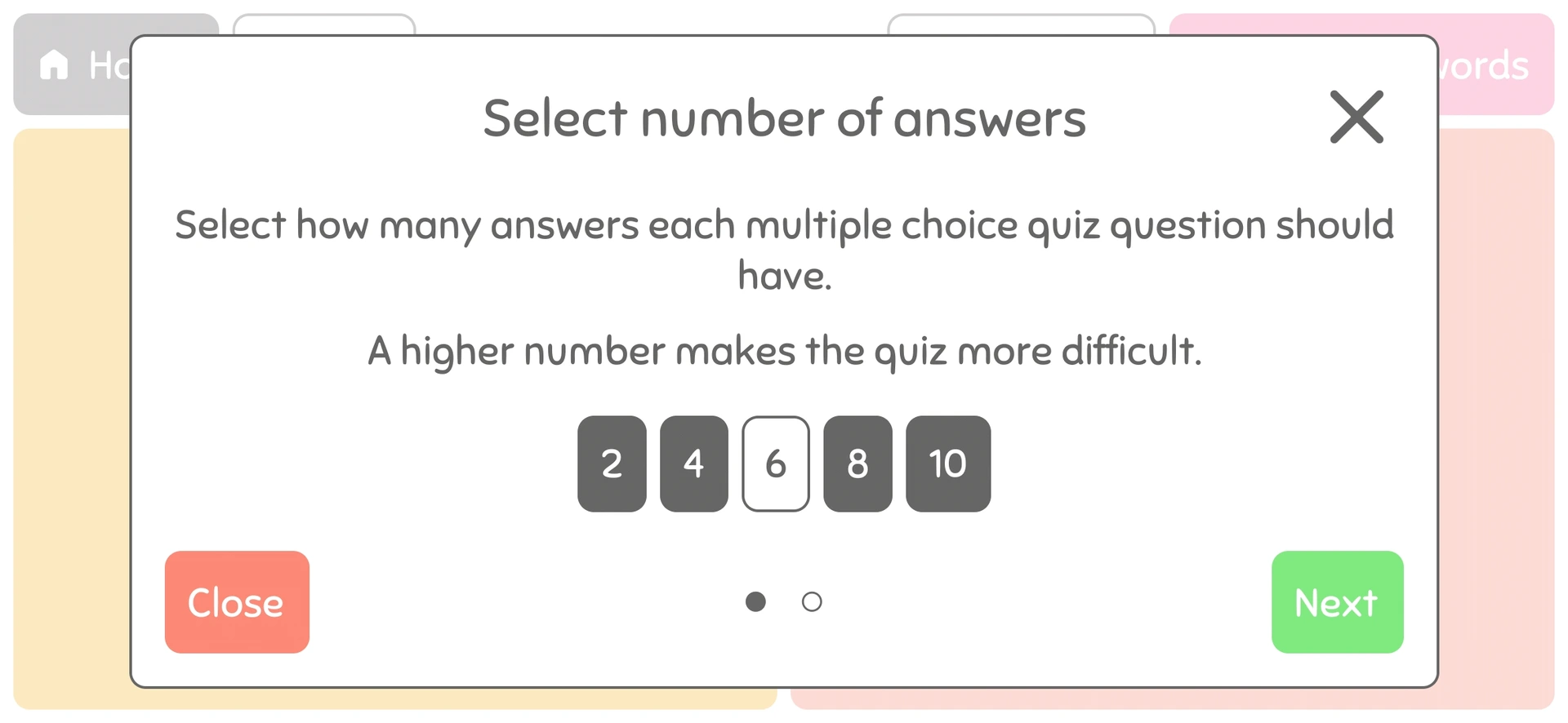 WordBaby quiz configuration wizard allowing selection of the number of answers per question, with options ranging from 2 to 10 for customizable difficulty.