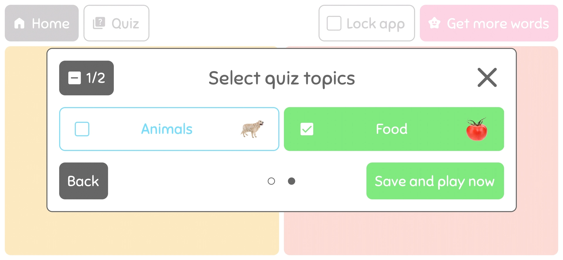 WordBaby quiz topic selection screen with options for 'Animals' and 'Food,' featuring checkboxes to customize the quiz and a 'Save and play now' button.