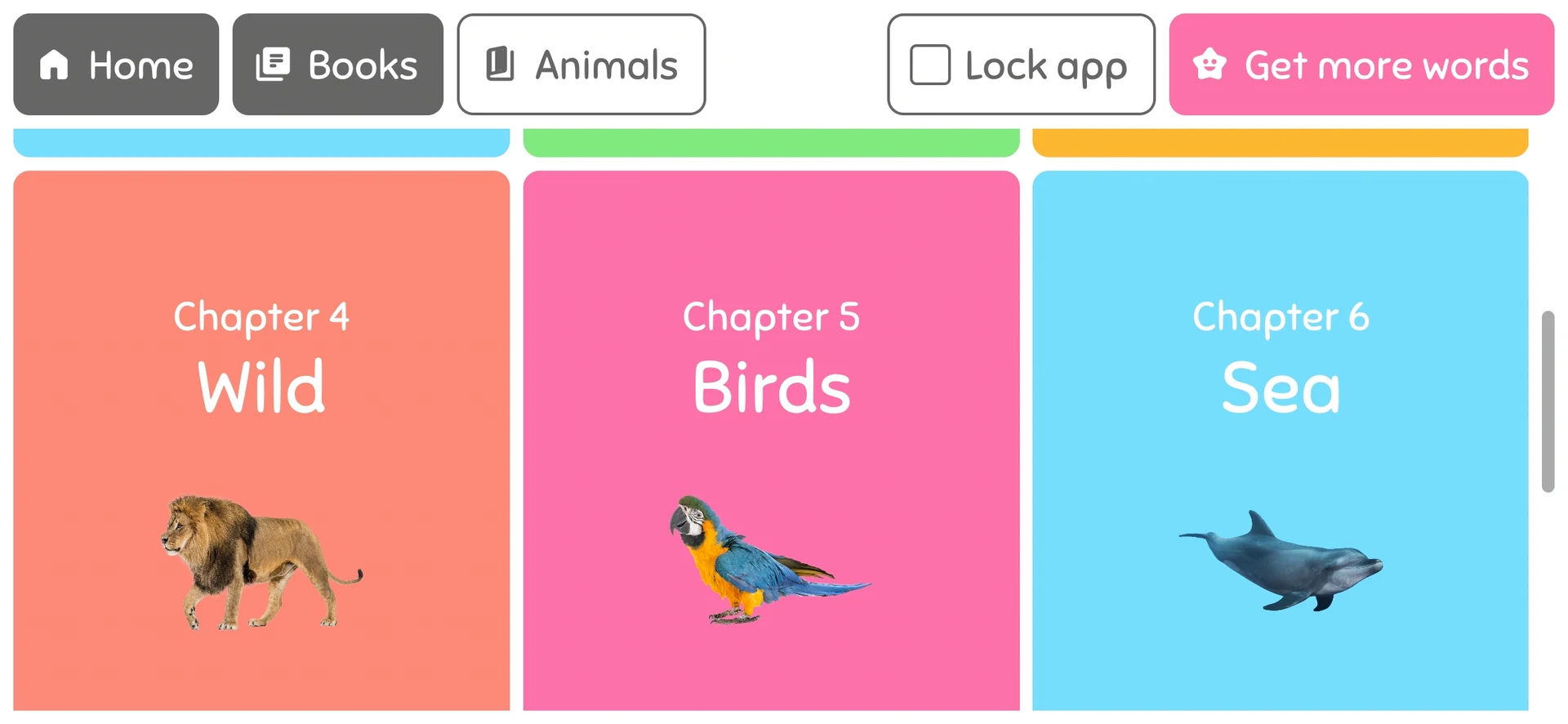 WordBaby chapter overview for the 'Animals' book, displaying chapters for Wild (lion), Birds (parrot), and Sea (dolphin) with vibrant, colorful backgrounds.