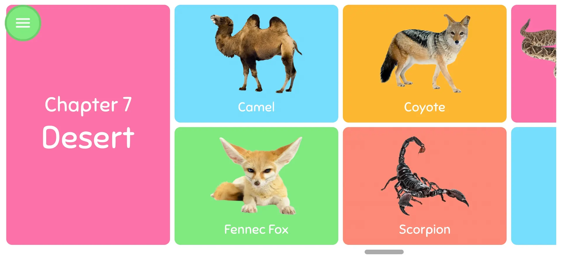 WordBaby Chapter 7 'Desert' from the Animals book, featuring images of a camel, coyote, fennec fox, and scorpion with colorful backgrounds.