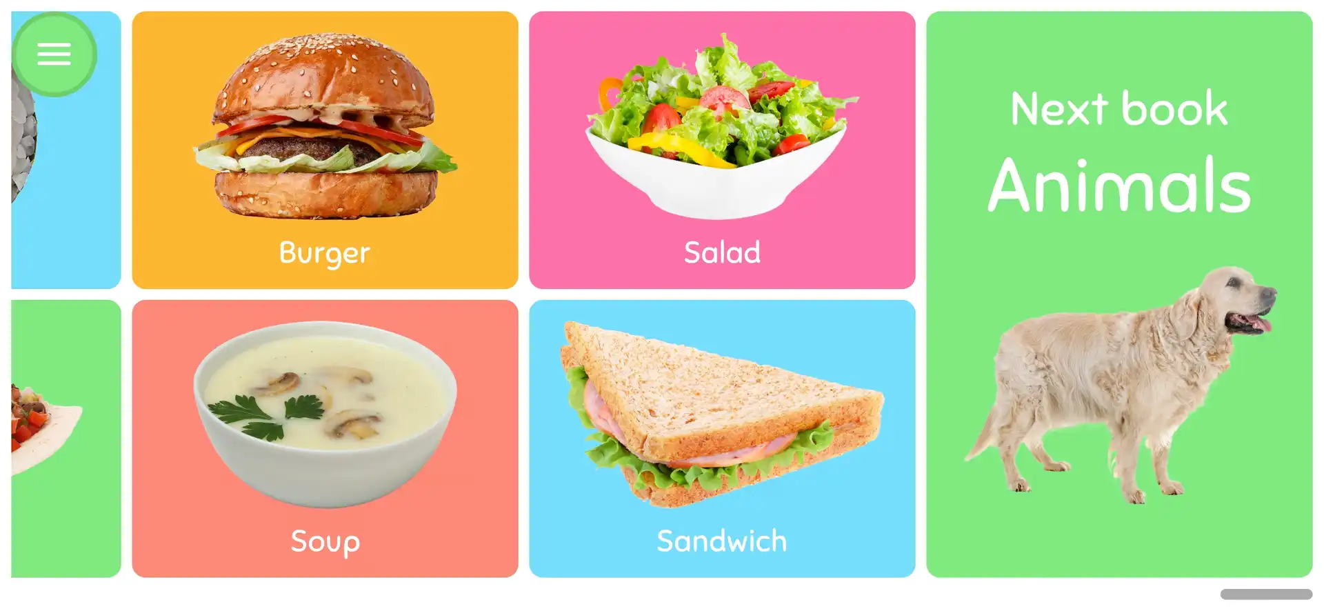 Screenshot of WordBaby's Book Mode showcasing a colorful grid of food images, including a burger, salad, soup, and sandwich, alongside a panel for 'Next book' Animals featuring a golden retriever.