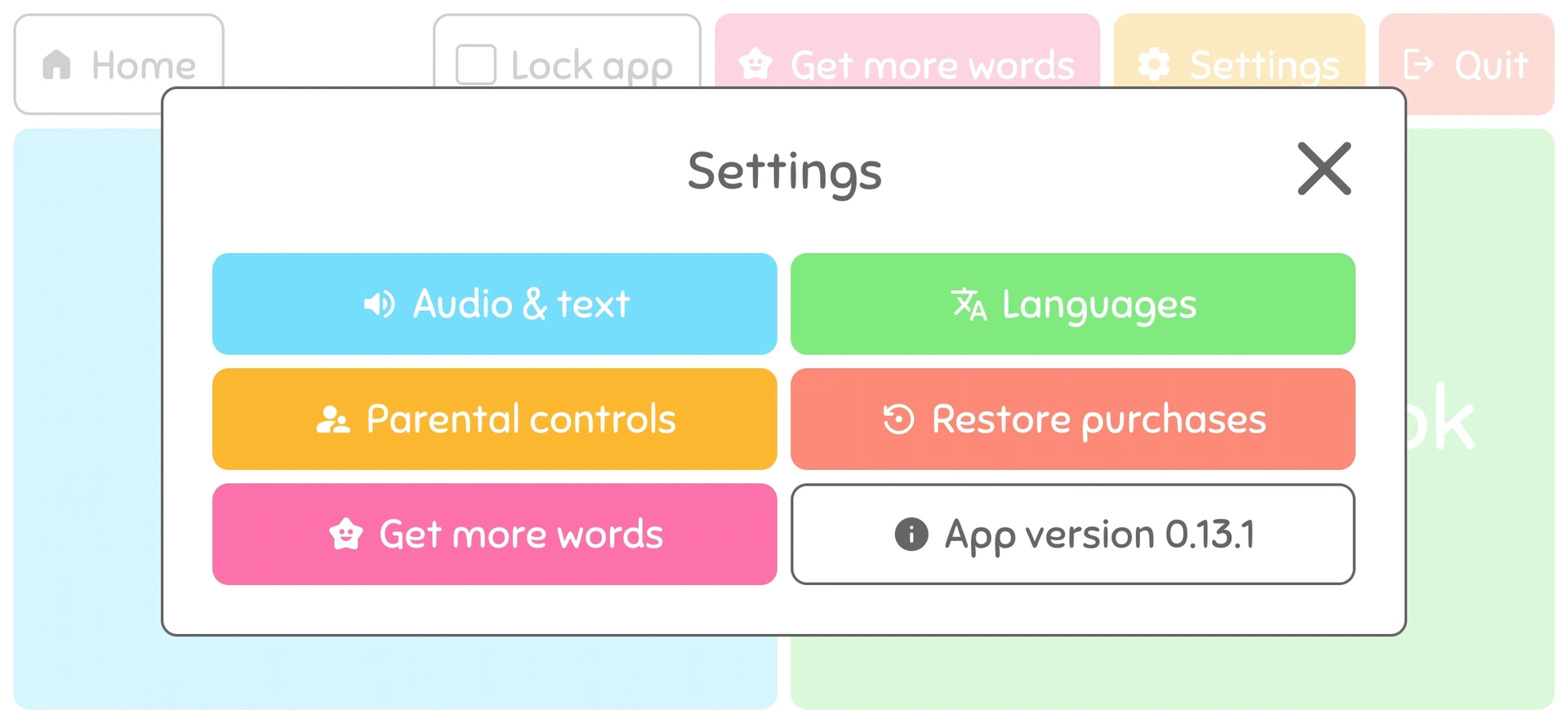 WordBaby settings modal with options for Audio & Text, Languages, Parental Controls, Restore Purchases, Get More Words, and App Version.