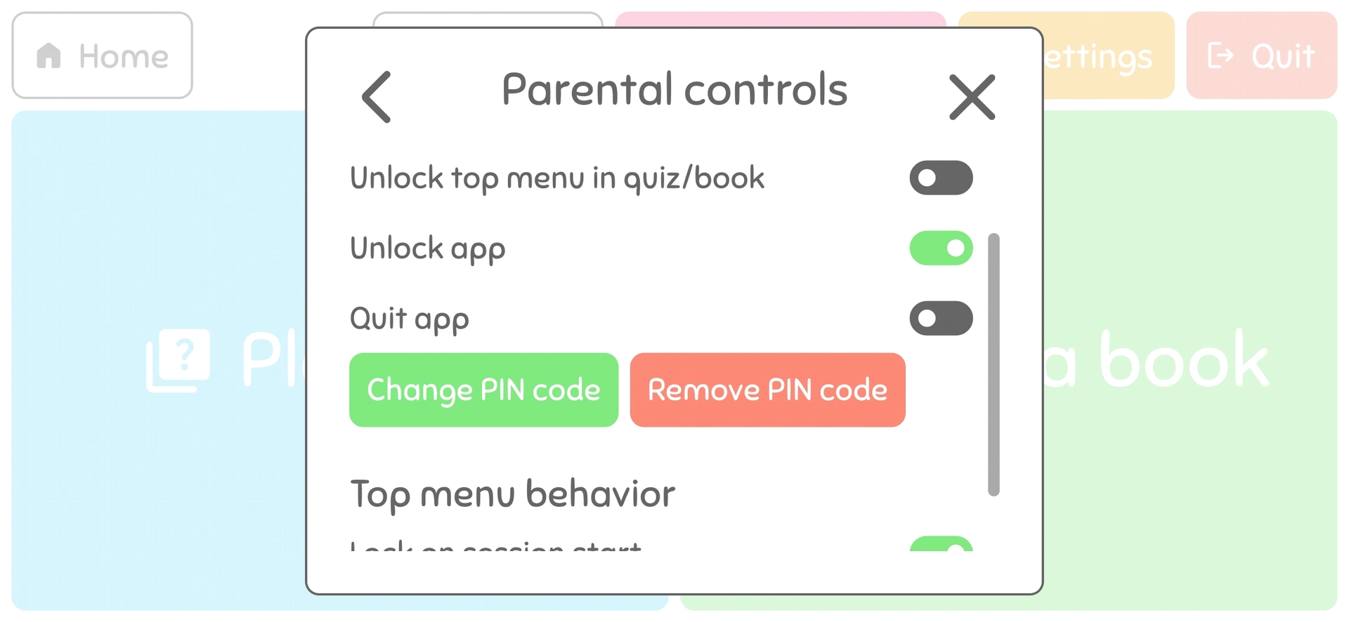 WordBaby parental controls settings, featuring options to unlock the app, adjust top menu behavior, change or remove PIN code, and toggle safety features.