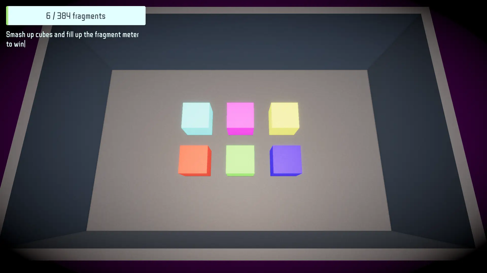 Unity physics toy Smashy Cubes starting scene with six large colorful cubes in a tray