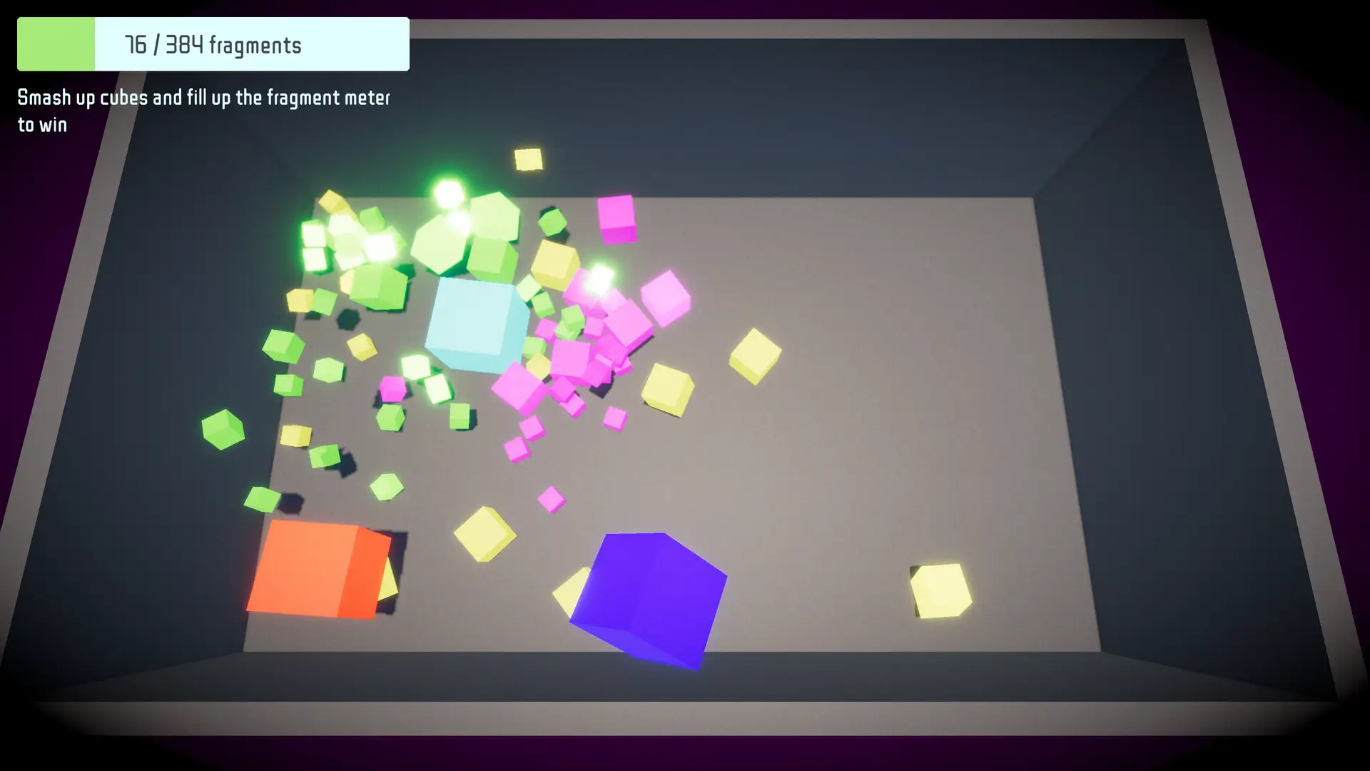 Cubes fracturing into smaller fragments after collisions in Smashy Cubes