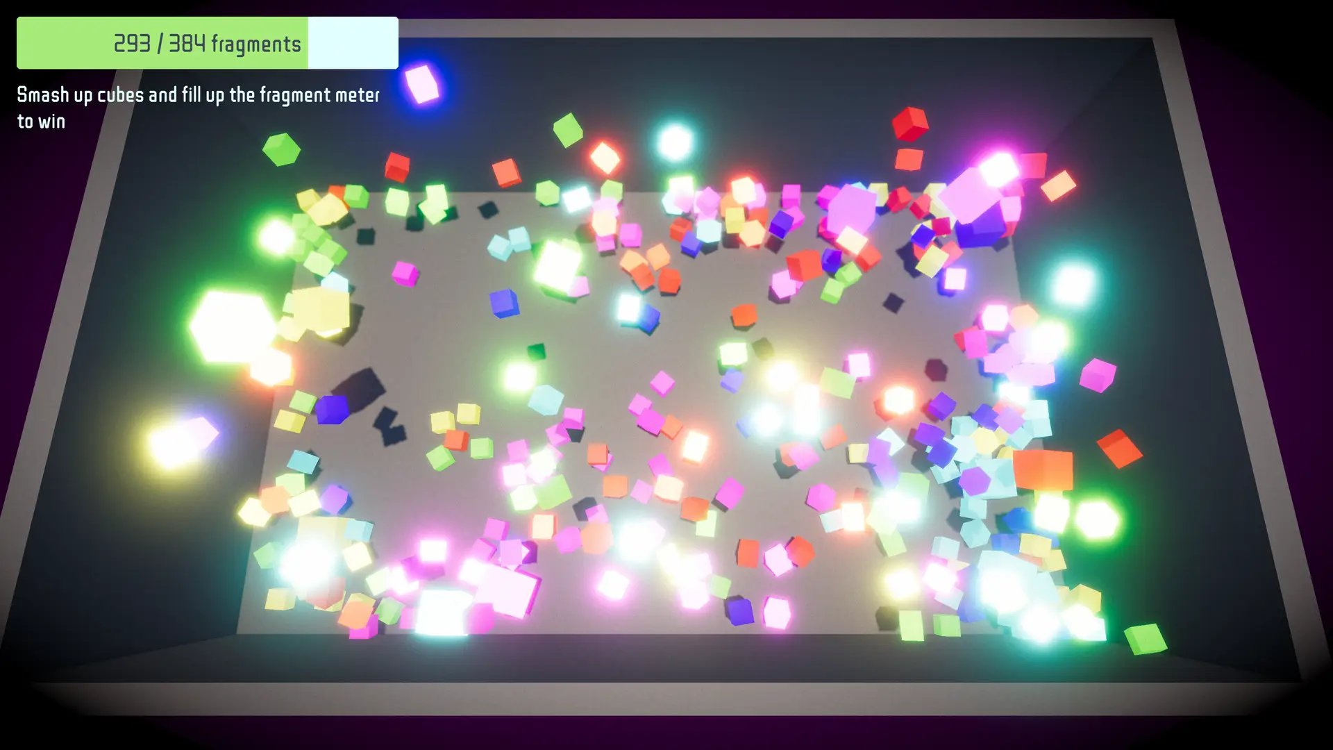 A tray filled with colorful glowing cube fragments and a progress UI.