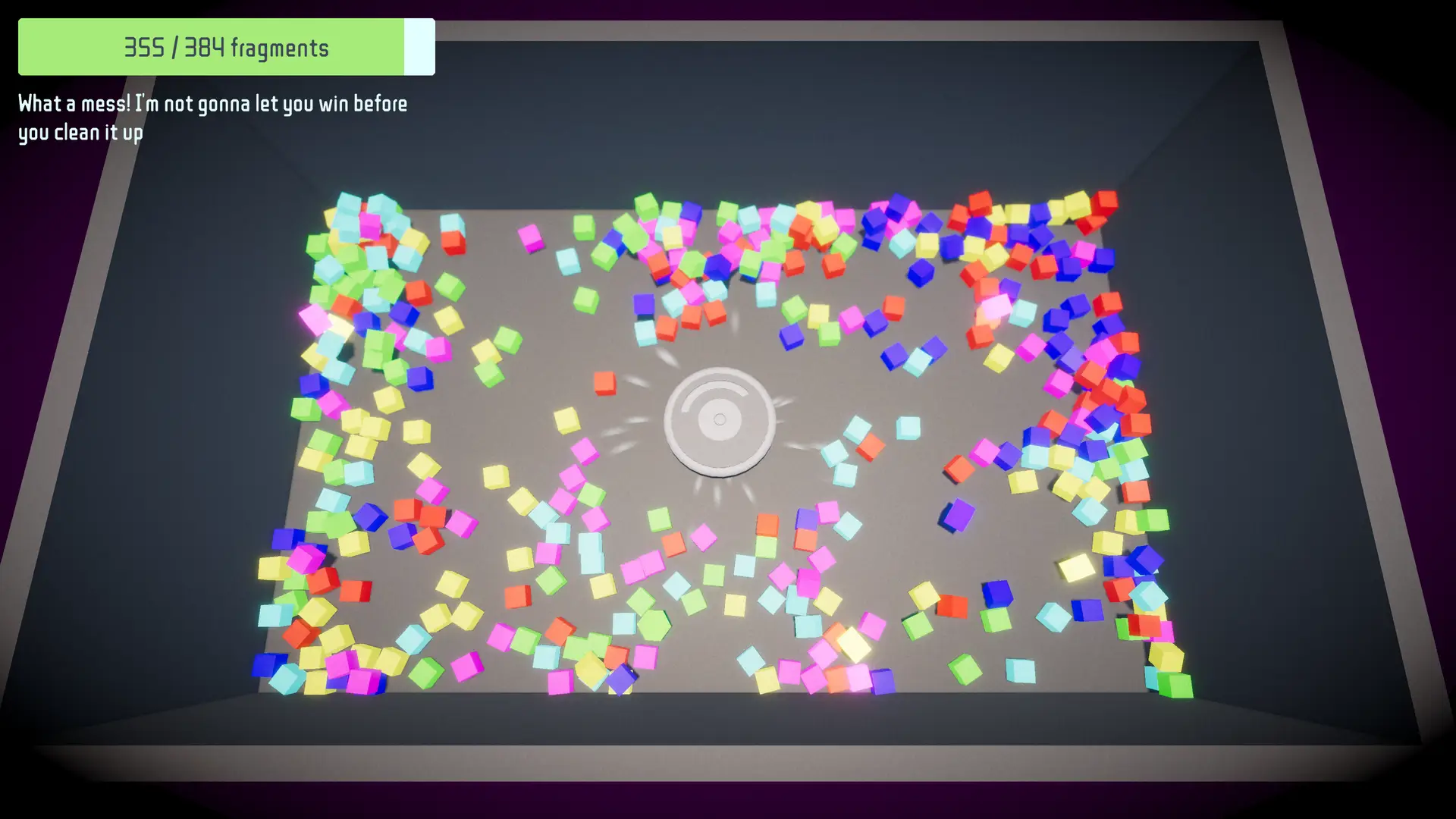 Robot vacuum cleaning up cube fragments during the cleanup phase in Smashy Cubes