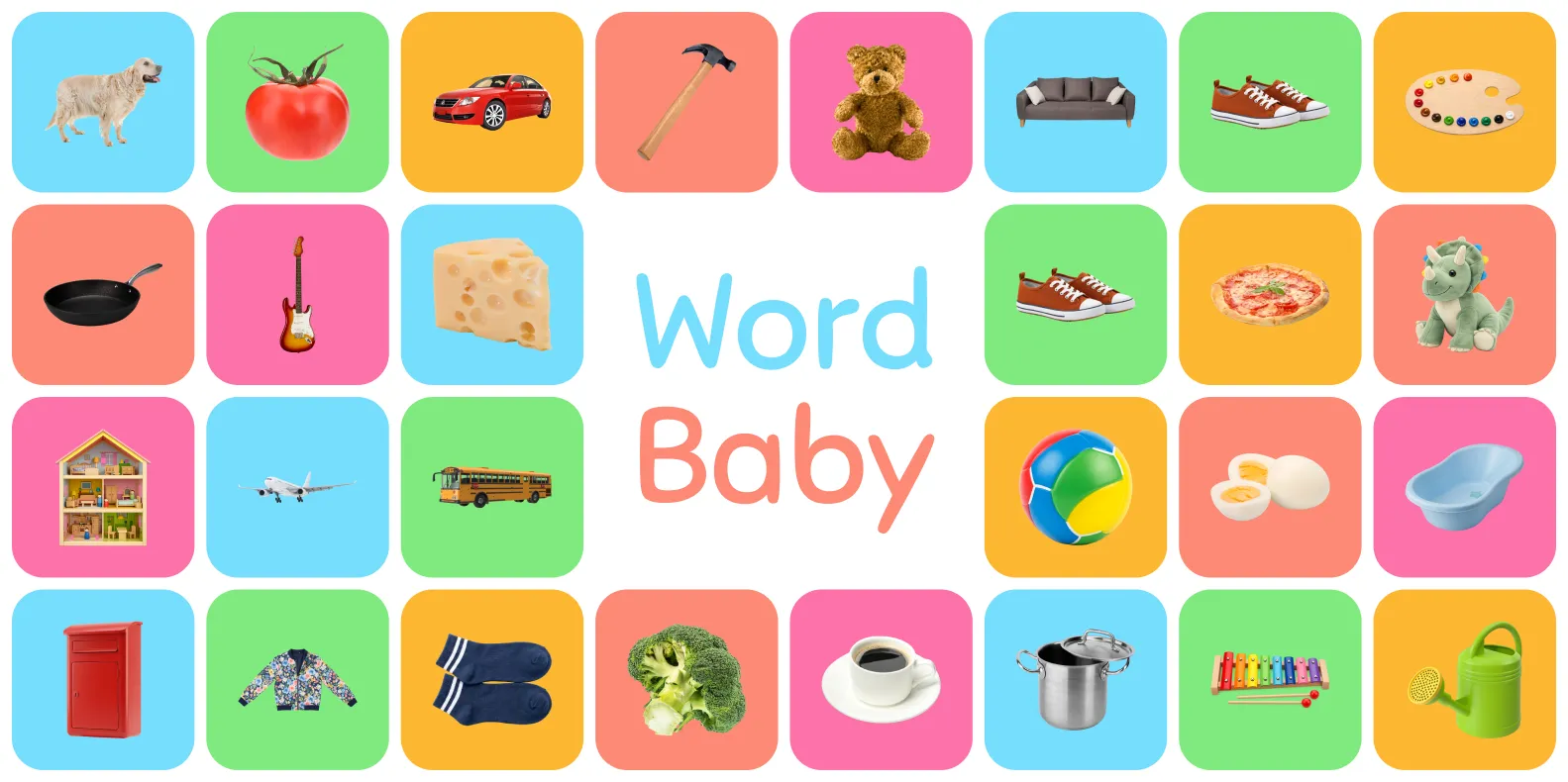 Colorful grid of everyday object flashcards from the WordBaby app, including a dog, tomato, car, hammer, teddy bear, guitar, cheese, sneakers, pizza, school bus, broccoli, and more.