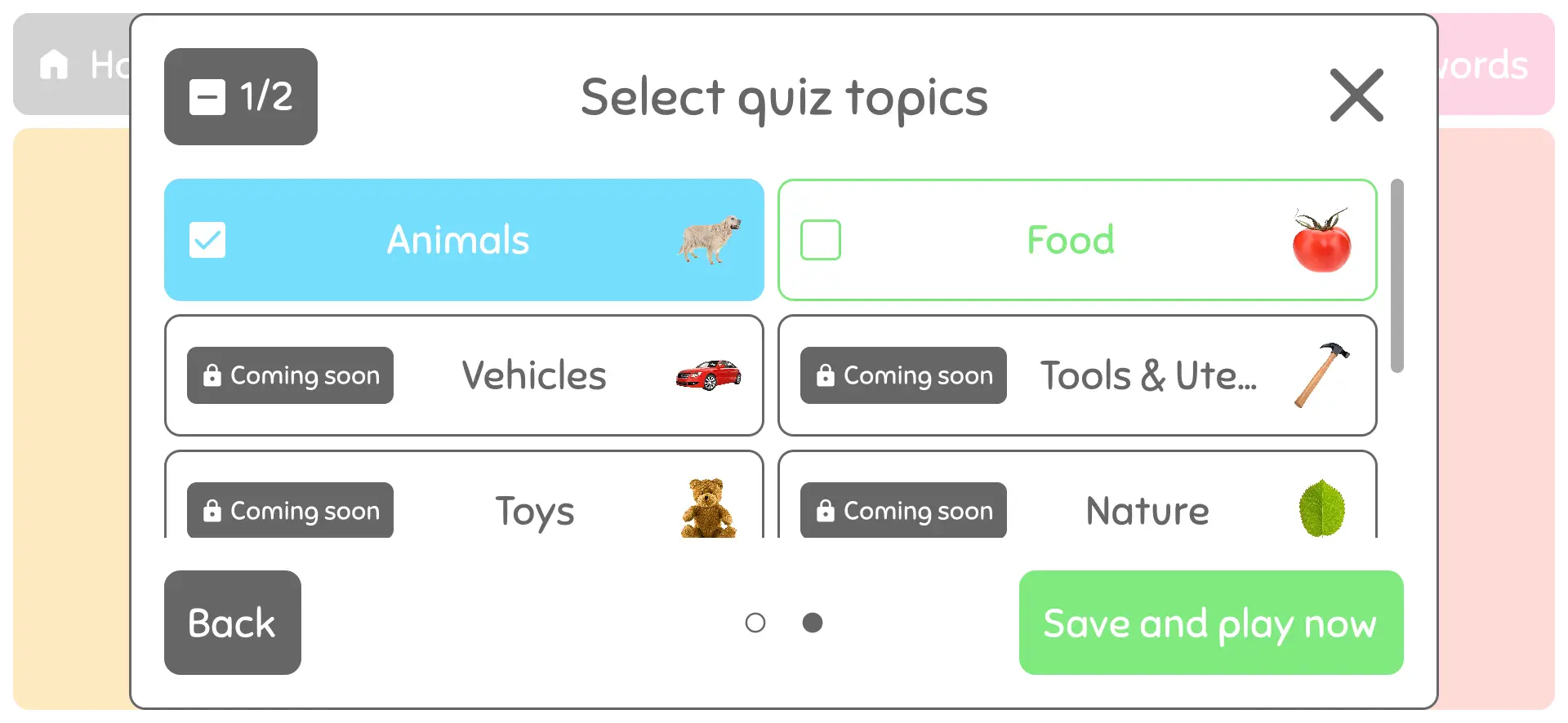 WordBaby quiz topic selection screen with options for 'Animals' and 'Food,' featuring checkboxes to customize the quiz and a 'Save and play now' button.