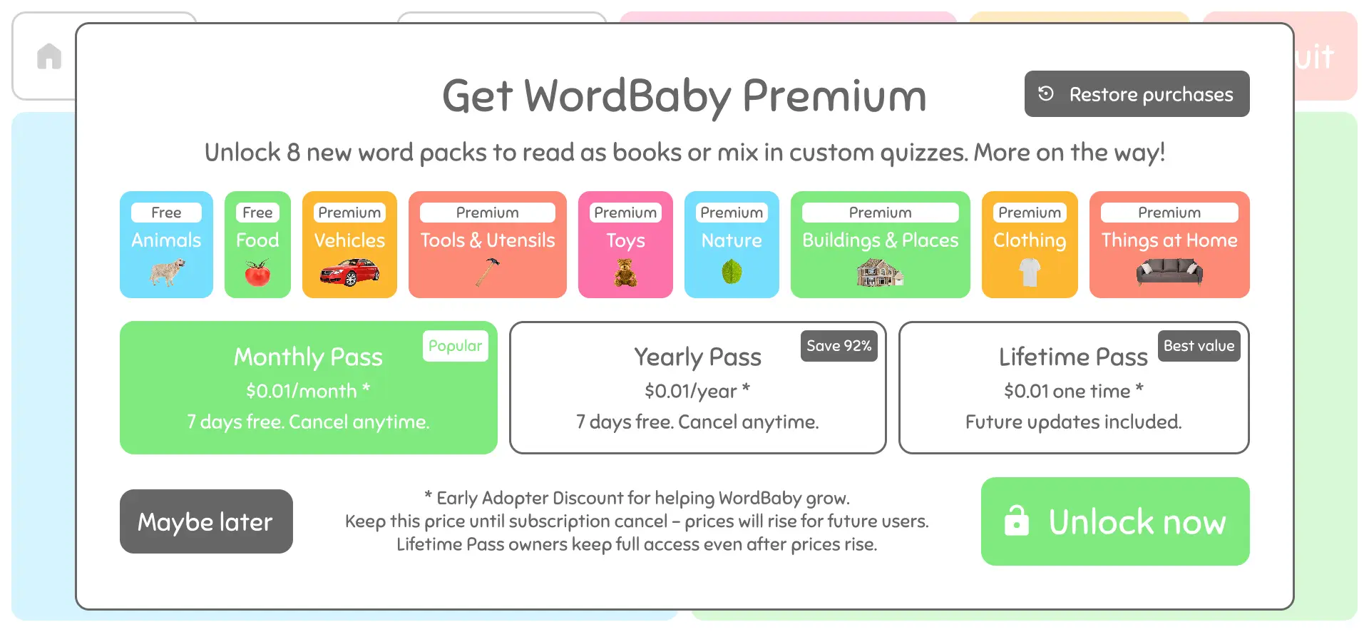 Screenshot of the WordBaby Premium screen, showing locked word packs such as Vehicles, Tools & Utensils, Toys, and more. Pricing options include a $0.01 monthly pass, yearly pass, and lifetime pass. A note highlights the early adopter discount and free trial. Buttons for 'Maybe later' and 'Unlock now' are visible.