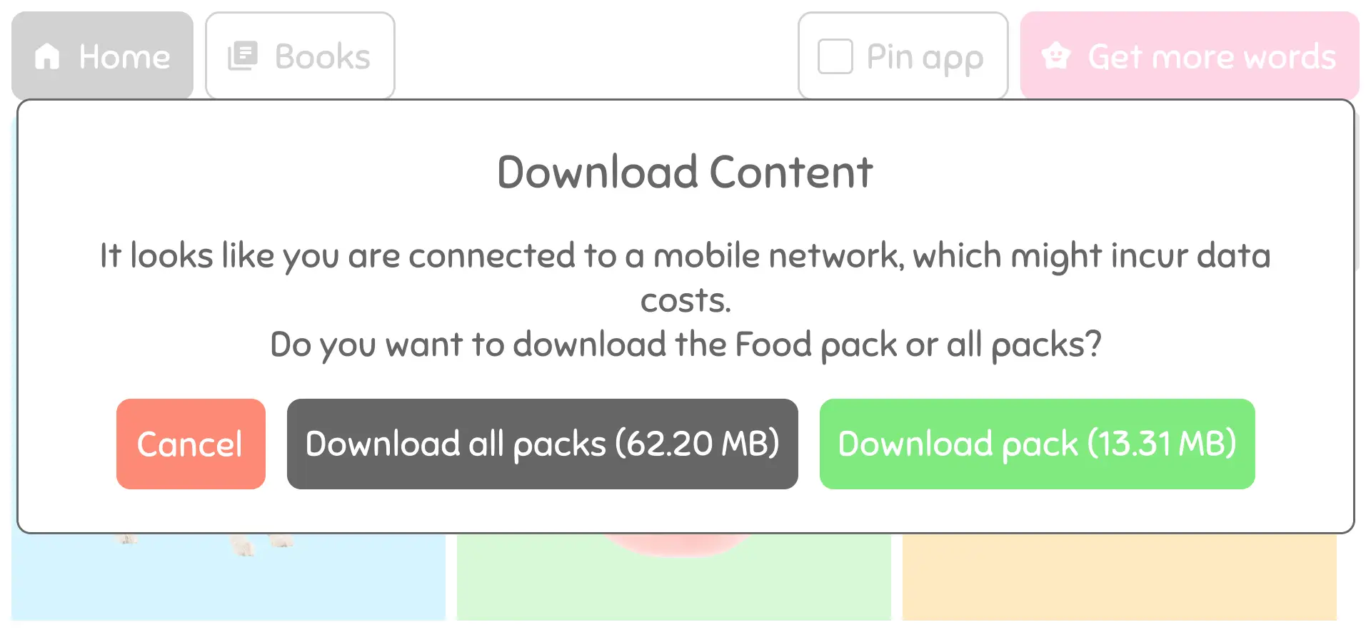 Screenshot of a WordBaby download prompt warning that the user is on a mobile network. The dialog offers three options: Cancel, Download all packs (62.20 MB), or Download pack (13.31 MB), allowing users to control data usage.